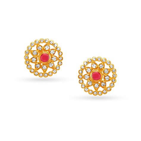 Ruby Studded Sunflower Gold Stud Earrings