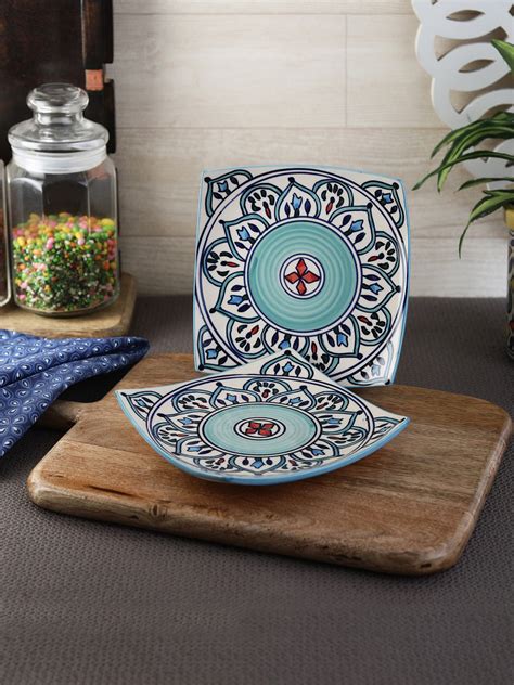 VarEesha The Royal Crown Blue Ceramic Square Serving Plates Set of Two