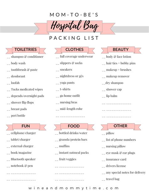 Printable Hospital Bag Checklist