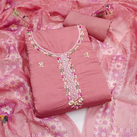 Rose Pink Embroidered Chanderi Silk Unstitched Dress Material with Del