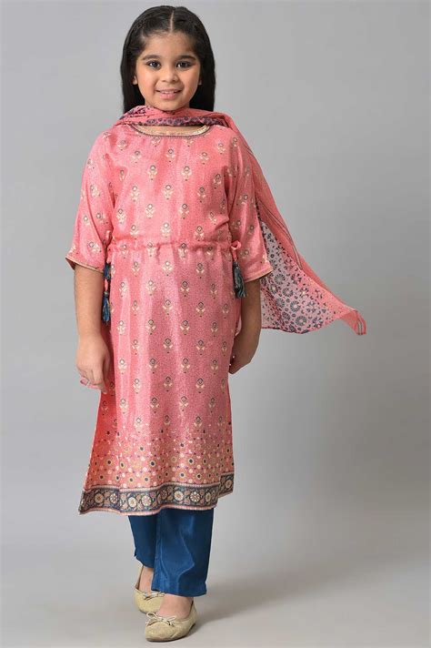 Buy Girls LIVA Pink Floral Printed kurta with Blue Trousers and Pink ...