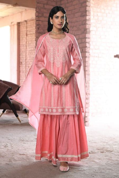 Buy Pink Chanderi, Cotton, Kota Doria Lace Nargis Embroidered Kurta ...