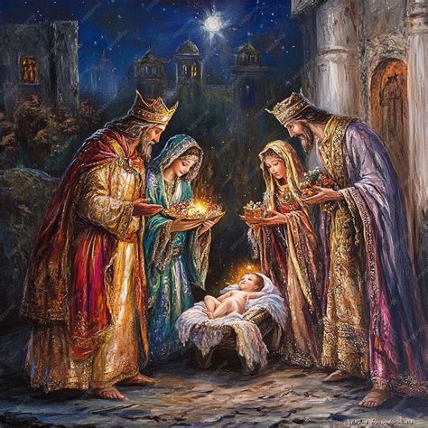 A traditional Epiphany scene with the three wise men bringing gifts to ...