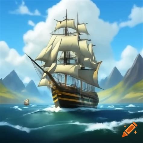 Sailing ship in front of mountainous landscape on Craiyon