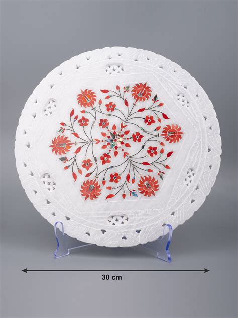 12-Inch Marble Decor Plate with Jali and Red Floral Inlay