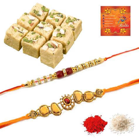 Rakhi Wala Rakhi Gift Packs Soan Papdi 400Gm with Multicolor 2pc. Stone ...