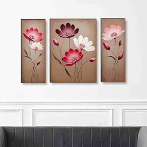 SAF Set of 3 Abstract Floral Wall Paintings on MDF Board | Elegant Red ...