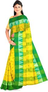 Buy Aparna Fashion Self Design Tant Pure Cotton Yellow, Green Sarees ...