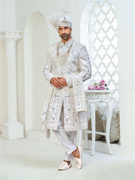 Embroidered Off White Art Silk Sherwani Outfit – Suvidha Fashion