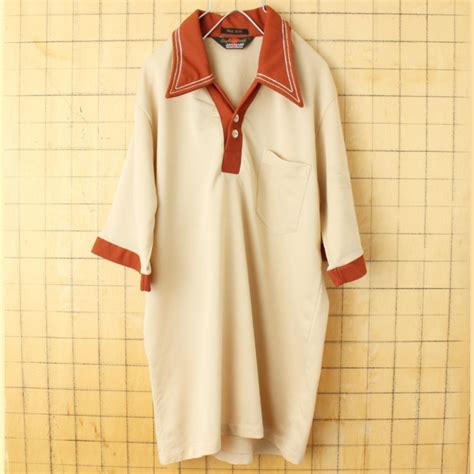 70s 80s USA JAYMAR SPORTSWEAR オープンカラー ポロシャツ メンズL ベージュ 半袖 アメリカ古着 ...