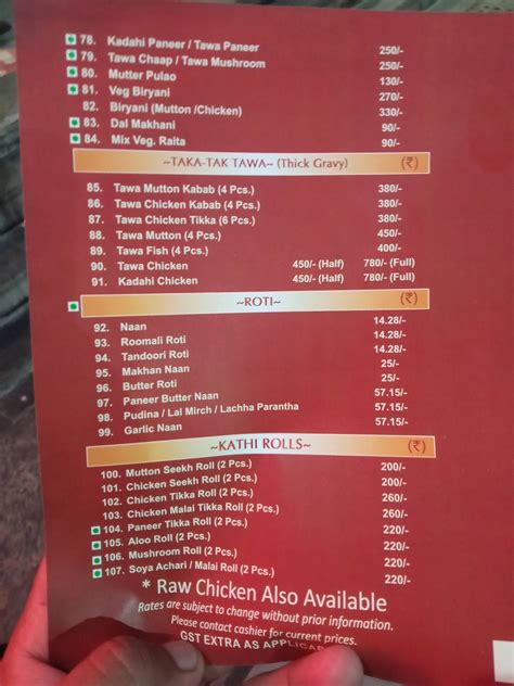 Menu at Rajinder Da Dhaba, New Delhi