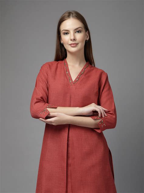 Buy Rust Solid Co-Ord Set for Women | Embroidered V-Neck Kurta ...