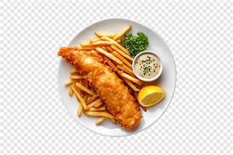 Fish and chips with tartar sauce on a white plate isolated on a ...