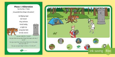 Phase 1 Phonics: Alliteration 't' Can You Find...? Poster and Prompt Card