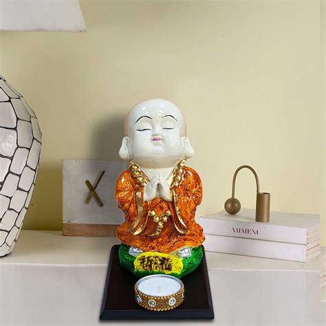 Miniature Mustard Yellow Baby Monk Buddha Standing Showpiece for TV Unit
