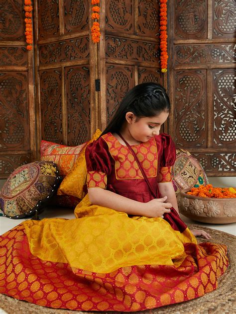 Girl's' Mustard And Maroon Lehenga Set – vastramay