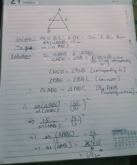 7. In the given figure. DE ll BC. If DE =3 cm, BC = 6 cm and ar(Tri ADE ...