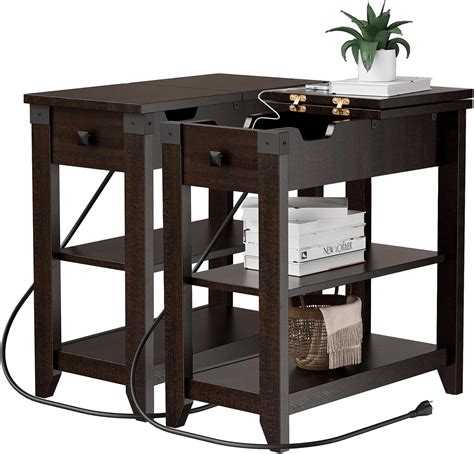 Set of 2 Narrow End Tables, Flip Top Side Tables with Charging Station ...