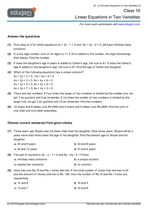 Class 10 - Linear Equations in Two Variables | Math Practice, Questions ...