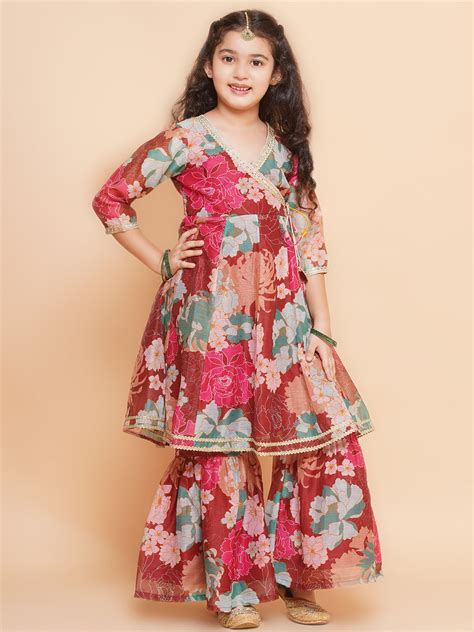Shop Bitiya by Bhama Girls Maroon Multi Printed Angrakha Kurta with ...