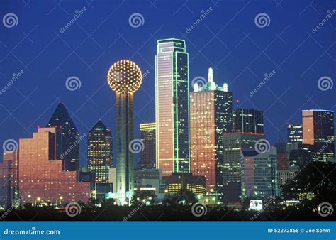 Dallas, TX Skyline at Night with Reunion Tower Stock Photo - Image of ...