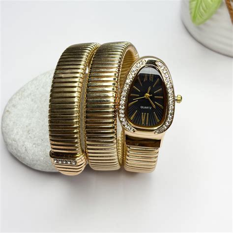 Serpenti Snake Watch Bracelet (Black Dial) With Stones In Strap - Doub ...