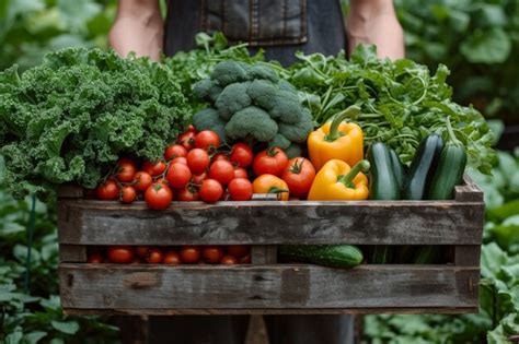Wooden crate overflows with rich green kale and bright red tomatoes ...