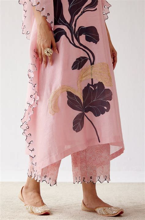 Devnaagri - Pink Hand-Painted Chanderi Kaftan Set