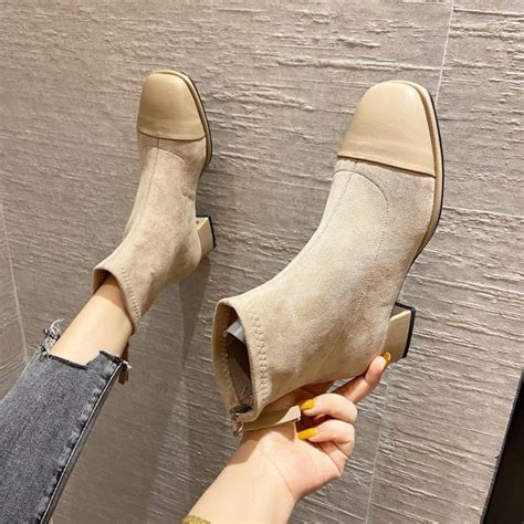 2020年秋ニューナイトブーツレトロスエードステッチジッパースクエアトゥミッドヒールショートブーツレディースブーツファッションブーツトレンド ...