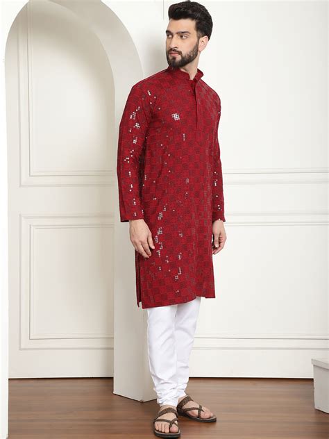 Buy SOJANYA Men Cotton Embroidered Sequinned Maroon Kurta with Pyjama ...