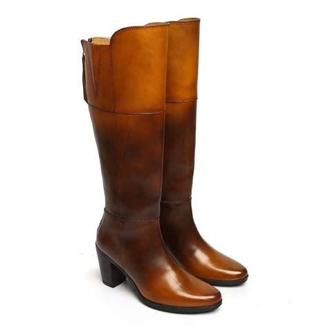 Dual Tone Tan Knee Height Blocked Heel Ladies Leather Boots By Brune
