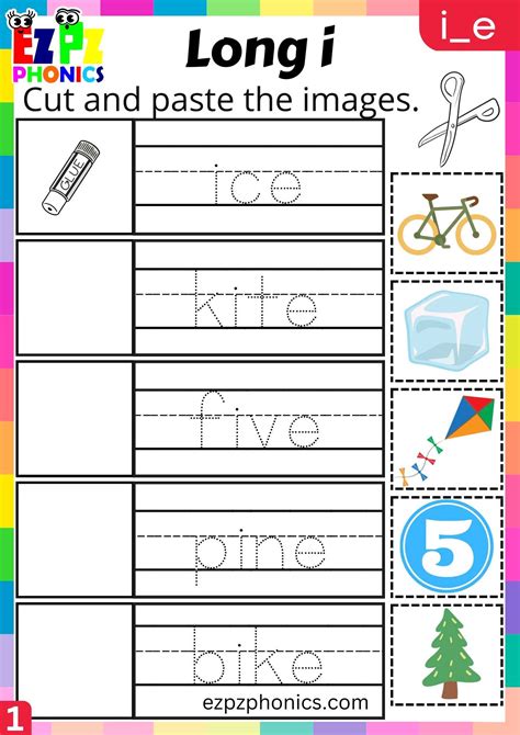 Group1 I_E Words Cut And Paste The Images Long I Phonics Worksheet - ezpzphonics.com