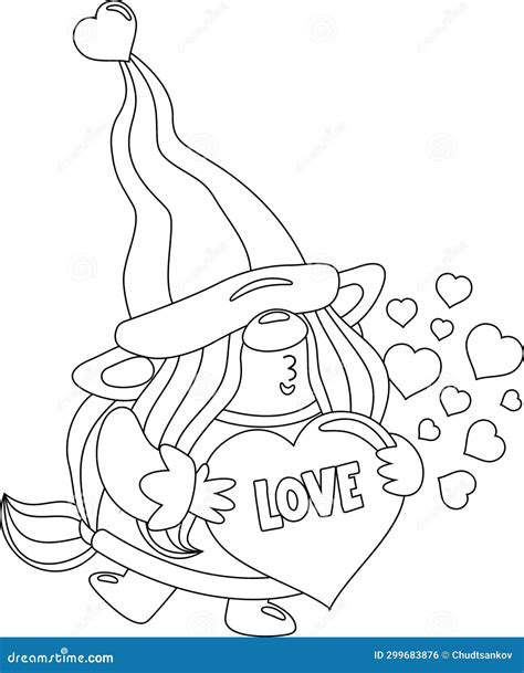Outlined Cute Valentine Female Gnome Cartoon Character Sends Kisses and Holding Love Heart Stock ...