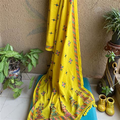 Soof Embroidery Kala cotton yellow saree – Forsarees