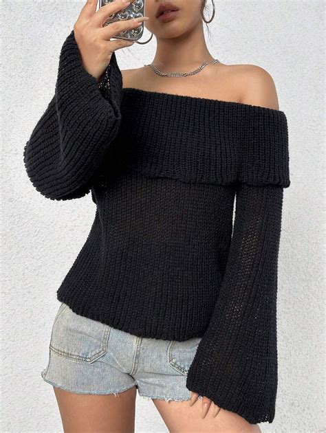 Flirla Solid Off-Shoulder Sweater,Long Sleeve Tops | SHEIN USA