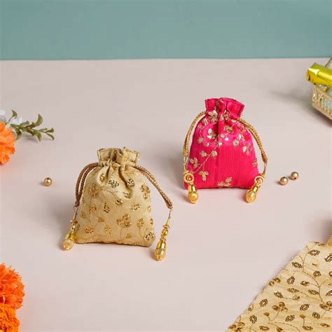 Kimaya Zari Floral Embroidered Shagun Potli Bag Set Of 2 Online ...