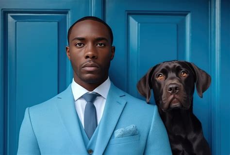 Man in suit with dog in blue door | Premium AI-generated image