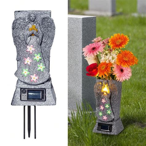 HUYIENO Solar Cemetery Grave Vase With LED For Fresh/Artificial Flowers ...
