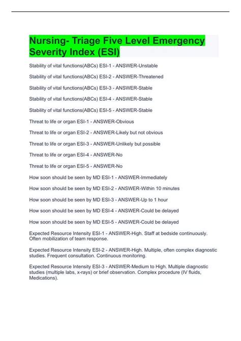 Nursing- Triage Five Level Emergency Severity Index (ESI) - Emergency ...