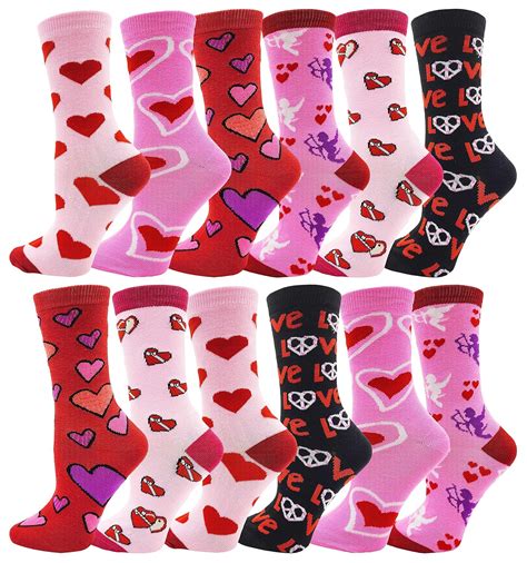 Heart Print Crew Socks for Women, 12 Pairs Valentines Day Pink Love ...