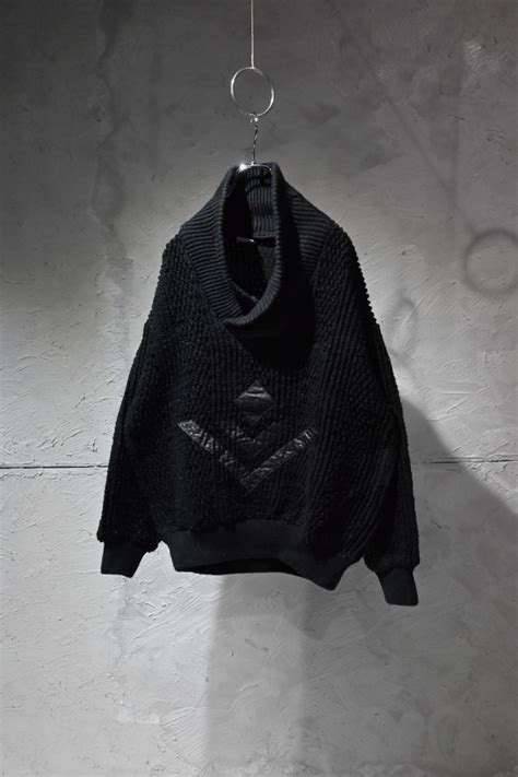 LEATHER PATCHWORK DESIGN SHAWL COLLAR KNIT | iroha