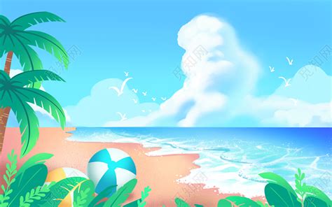 海边沙滩旅游插画海报背景图片免费下载-千库网