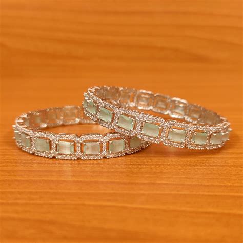 MINT GREEN DIAMOND LOOK SILVER PLATED BANGLES – Sanvi Jewels