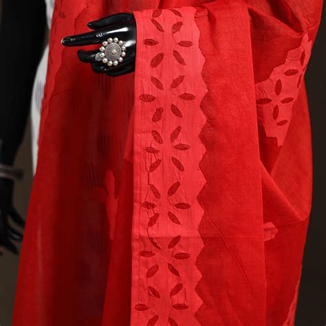 Red Pure Cotton Barmer Cutwork Applique Dupatta