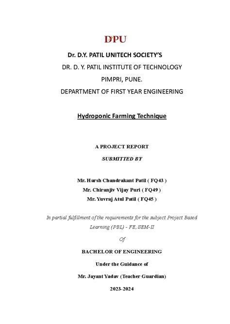 PBL Project Hydroponic farming-1 - Dr. D. PATIL UNITECH SOCIETY’S DR. D ...