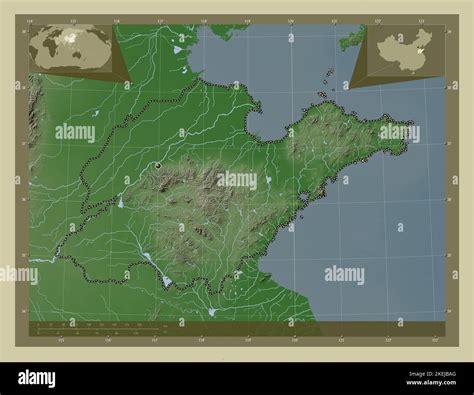 Shandong, province of China. Elevation map colored in wiki style with lakes and rivers. Corner ...
