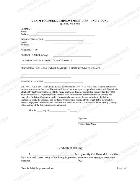 Wisconsin Claim for Public Improvement Lien by Individual - Wi Public ...