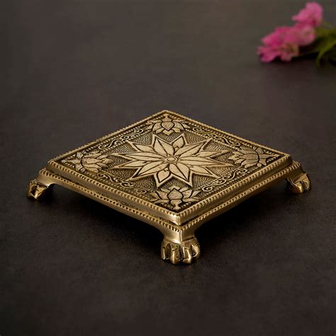 Brass Chowki for Pooja Flower Designed Patla in Square Shaped Bajot fo ...