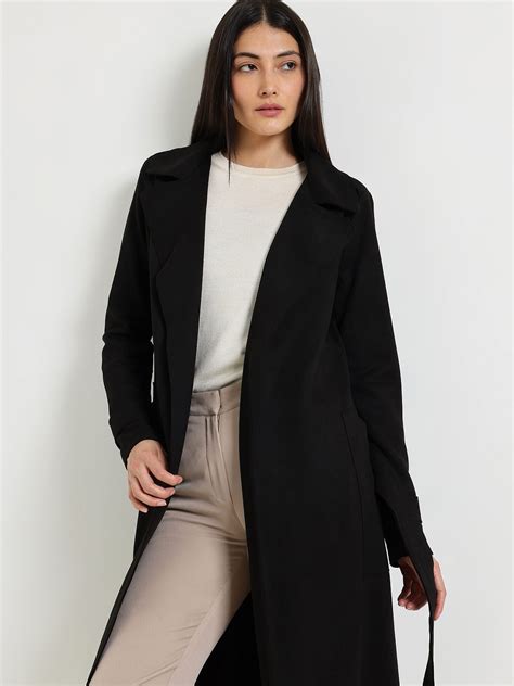 Buy Black Suede Double Breasted Long Overcoat Online | FableStreet
