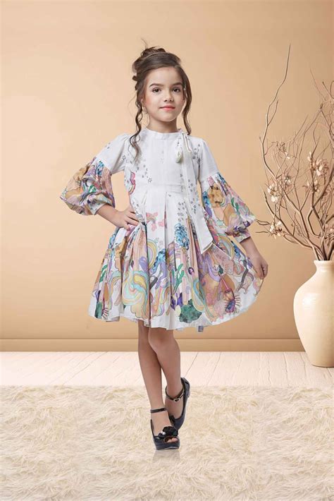 Cream 3/4th Sleeves And Printed Frock For Girls – Lagorii Kids